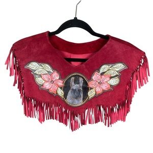 Handmade Suede Fringe Capelet Western Boho Festival Alpaca Red Floral OS